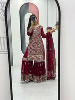 Thumbnail for Teeya Creation Womens New Heavy Fox Georgette Fabric With Heavy Embroidery Work Red Kurta Set - Dista