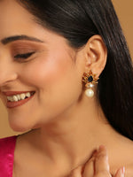 Thumbnail for Nuyug 22K Gold Plated Pearl & Crystal Studded Contemporary Floral Stud Earrings - Distacart