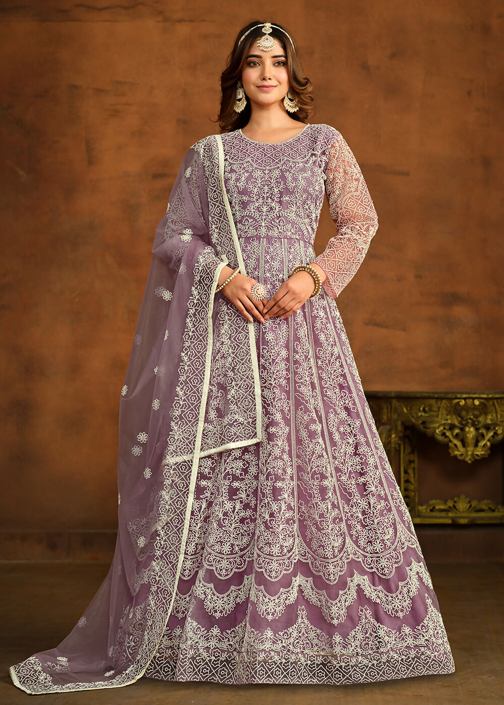 Purple All Over Embroidered Net Wedding Anarkali Suit - Emponline - Distacart