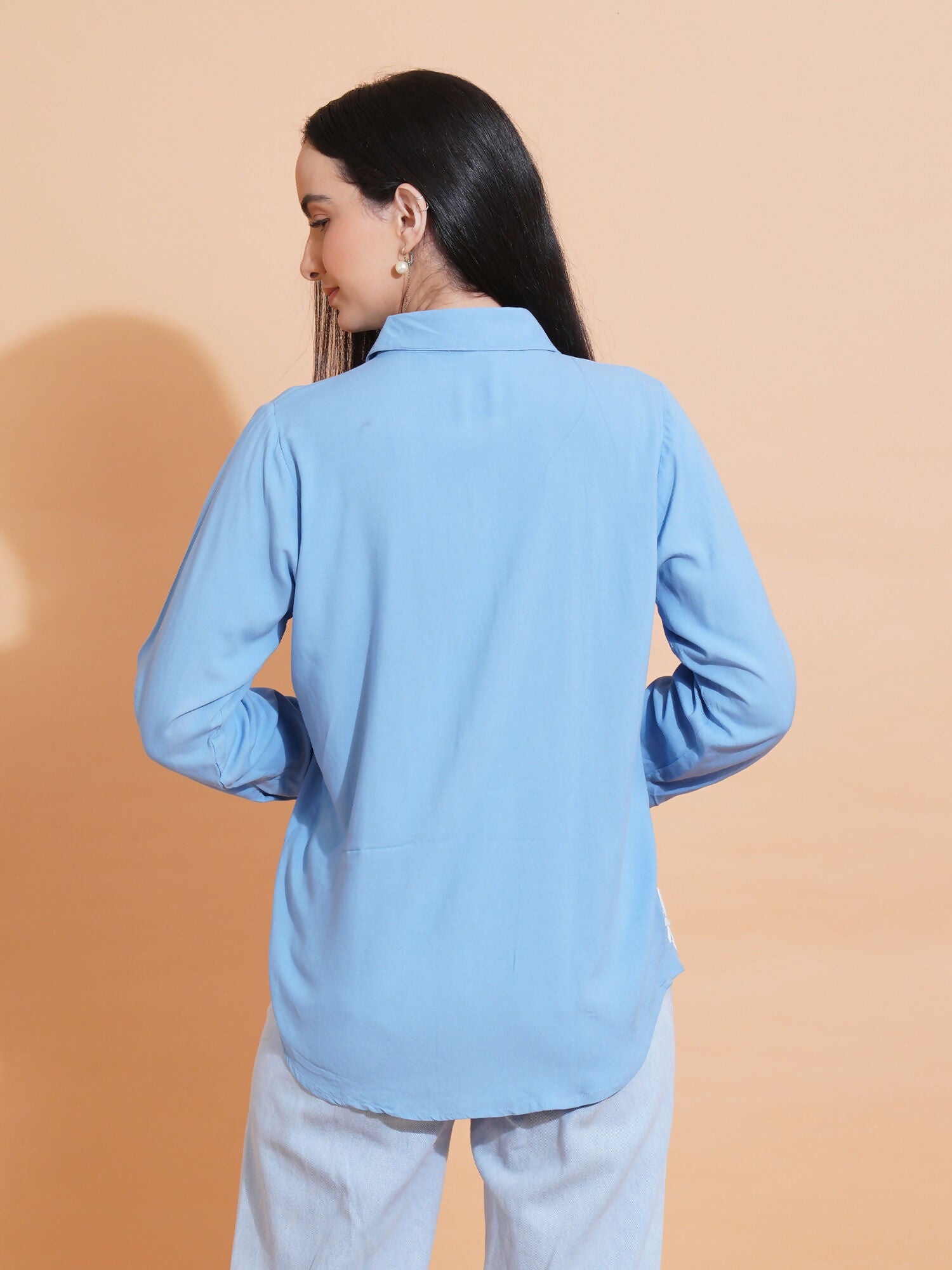 Pahnaz Modal Chikankari Handwork Shirt-Blue - Dista