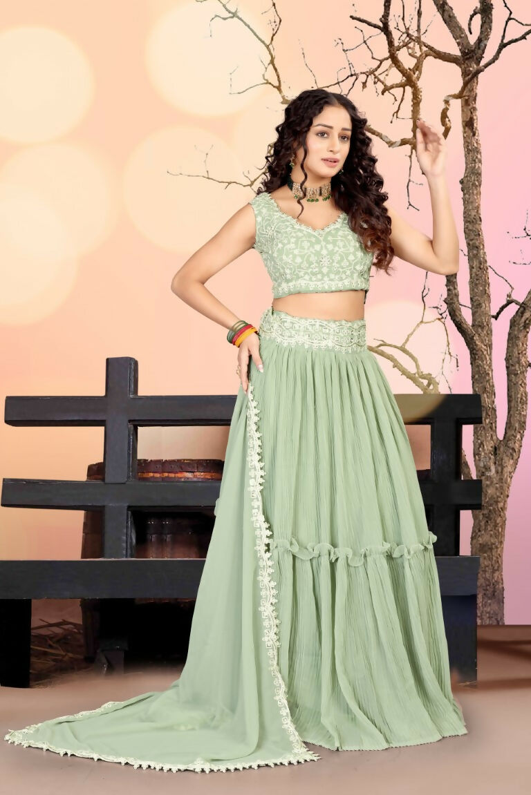 Jyoti Fashion Sea Green Two Tier Crush Georgette Lehenga Choli with Dupatta - Distacart