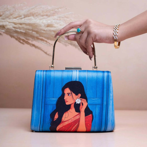 Joban Fashion Blue Based Red Saree Women Portrait Printed Clutch - Blue - Dista
