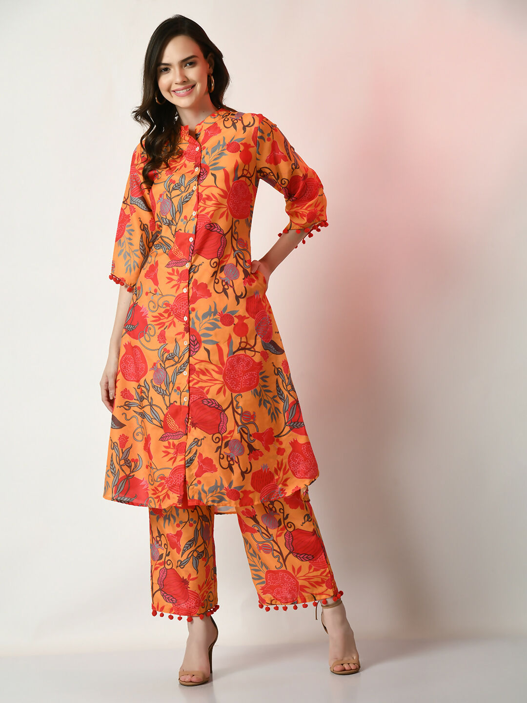 Myshka Women's Yellow Printed Kurta With Palazzos - Distacart