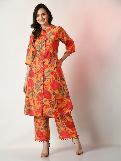 Myshka Women's Yellow Printed Kurta With Palazzos - Distacart