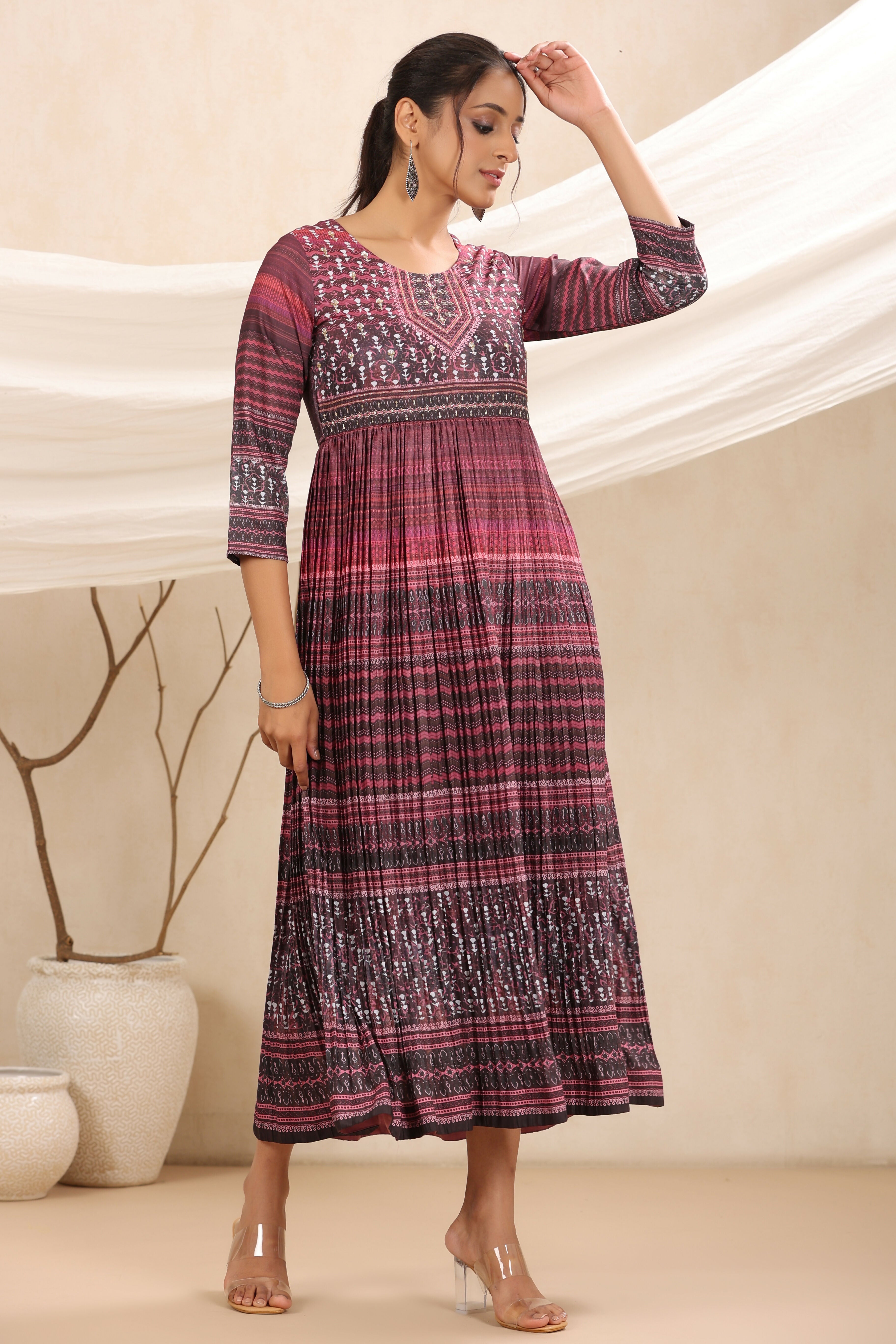 Juniper Purple muslin maxi dress with ethnic motif print with sequins & beads work - Distacart