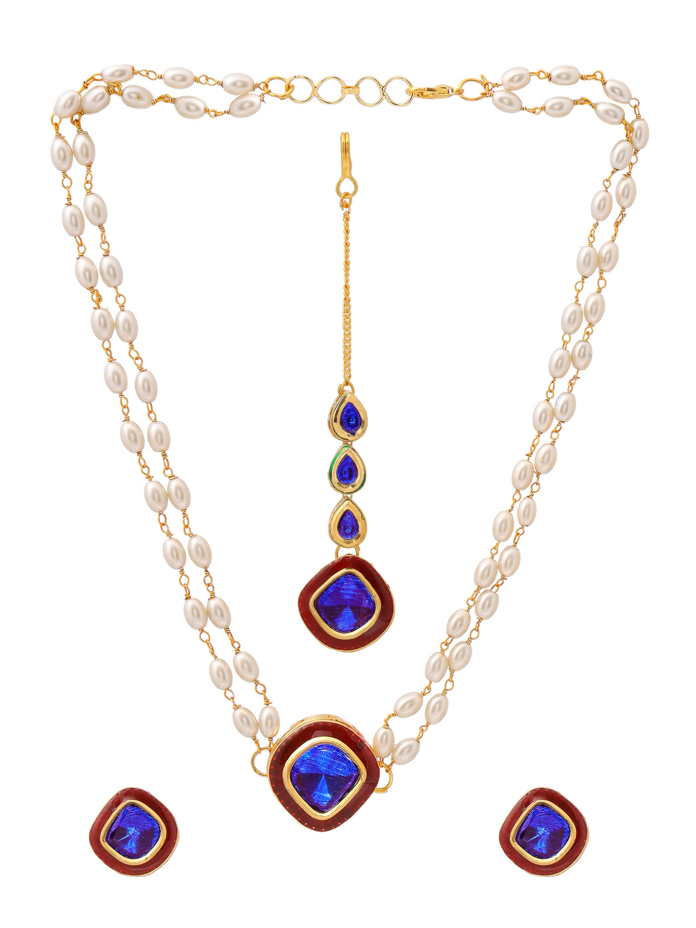 Ruby Raang Blue and Red Meenakari Kundan Necklace with Earrings & Maang Tikka