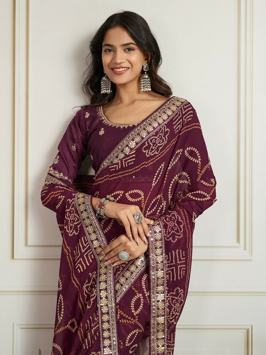 Ai Fashion Wine Georgette Rajwadi Bandhani Print Party Wear Saree
