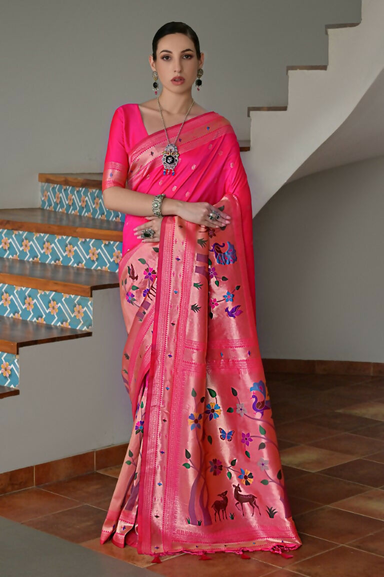 Vishnu Weaves Women's Pink Paithani Silk Zari Woven Saree with Blouse