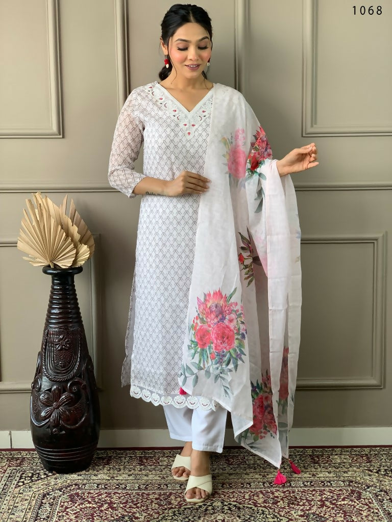 Partywear Designer Linen Cotton with cotton lining Offwhite Stitched Suit With Dupatta - Tanisha - Distacart