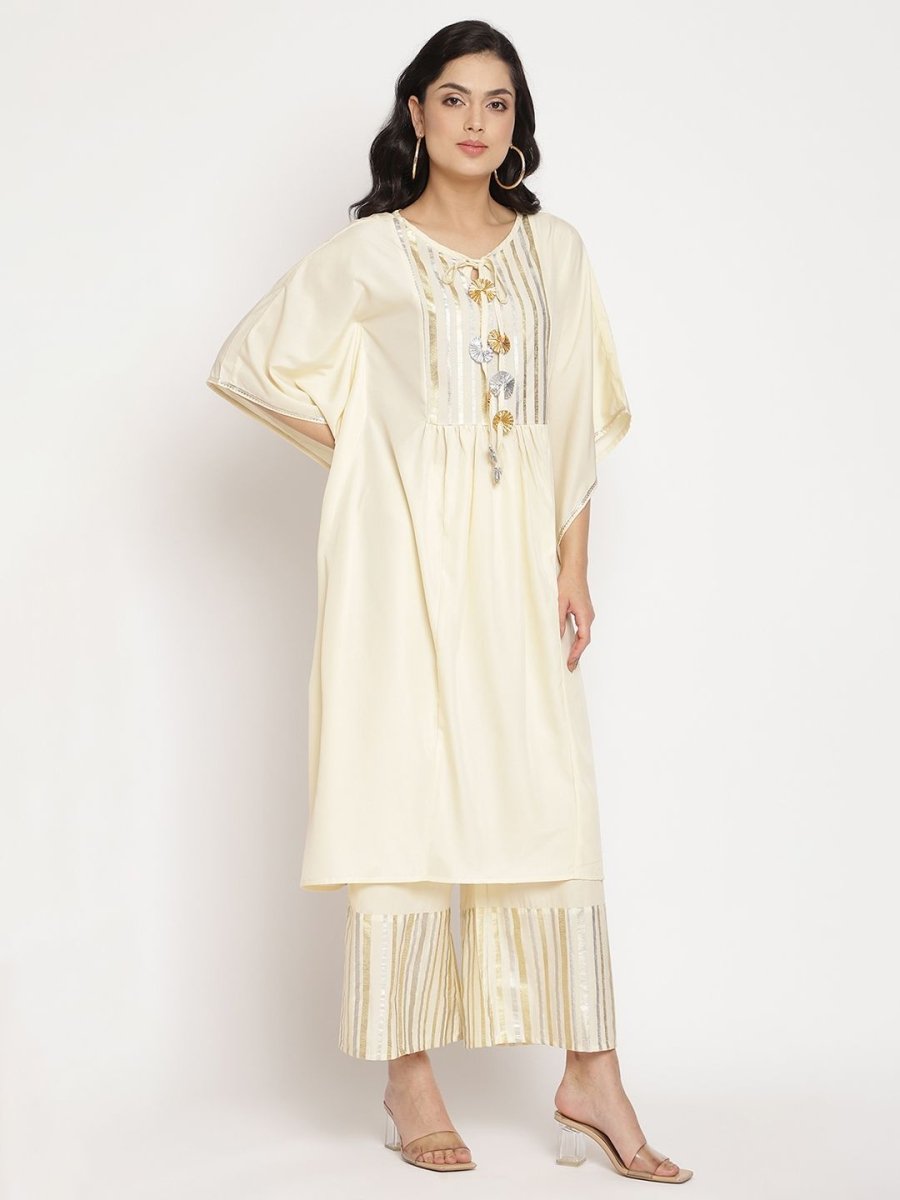 Ahalyaa Women Off White Printed Gotta Patti Kaftan Style Kurta With Palazzos
