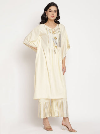 Ahalyaa Women Off White Printed Gotta Patti Kaftan Style Kurta With Palazzos