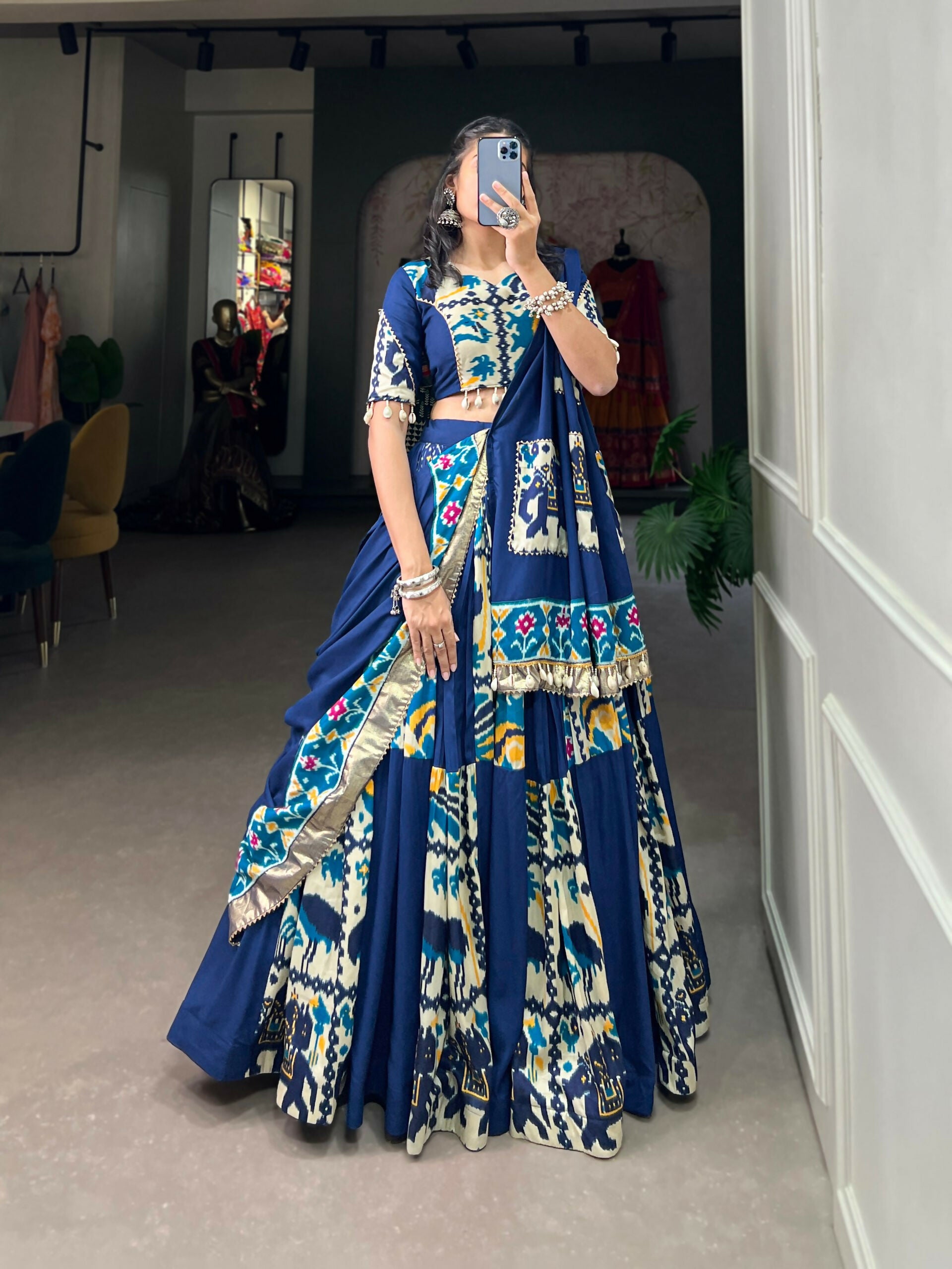 Vastranavya Navaratri Special Rayon with Printed Silk Lehenga with Stitched Choli - Firozi - Distacart