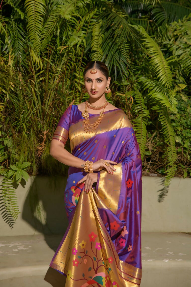 Jyoti Fashion Women's Purple Paithani Silk Zari Woven Saree with Blouse - Distacart