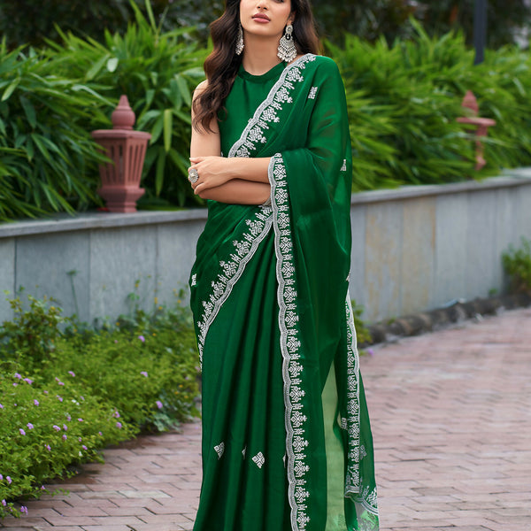 Vastranavya Green Embroidery Work Shimmer Chiffon Saree with Unstitched Blouse - Distacart