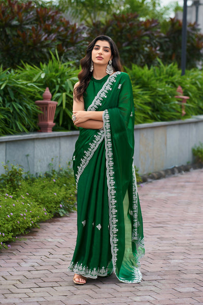 Vastranavya Green Embroidery Work Shimmer Chiffon Saree with Unstitched Blouse