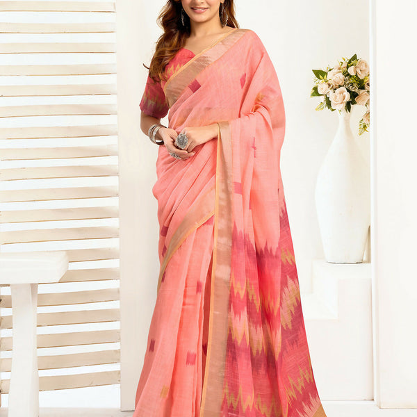 Joban Fashion Peach Ikkat Linen Ready To Wear Saree With Unstitched Blouse - Distacart