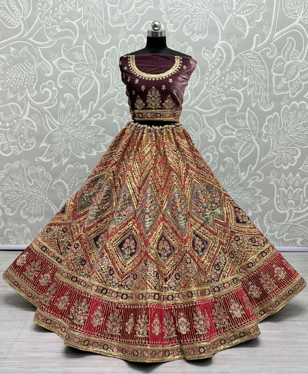 Jyoti Fashion Women's Purple Velvet Golden Gotta, Multi Thread Embroidered with Diamond Work Wedding Lehenga Choli - Distacart