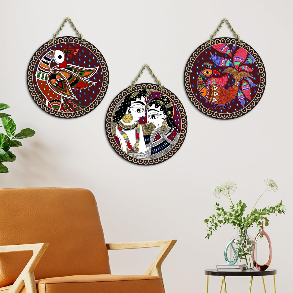 Artvibes Madhubani Folk Art Round Shape MDF Wooden Wall Decor Items - Dista