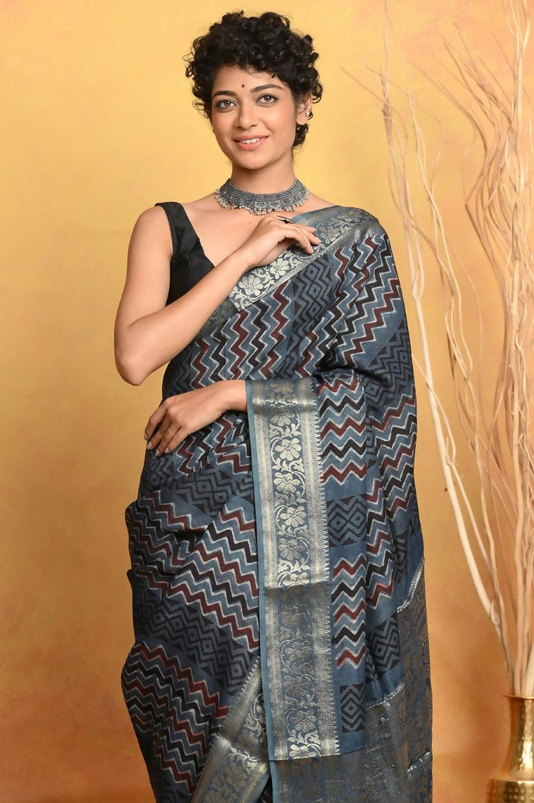 Very Much Indian Modal Silk Ajrakh Handblock Printed Natural Dyes With Designer Border Saree - Grey - Distacart