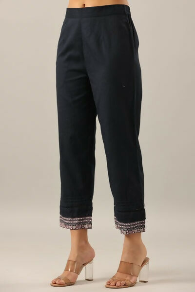 Juniper Navy Blue Solid Cotton Flex Pants With Printed Hem, Pintucks & Lace Work - Distacart