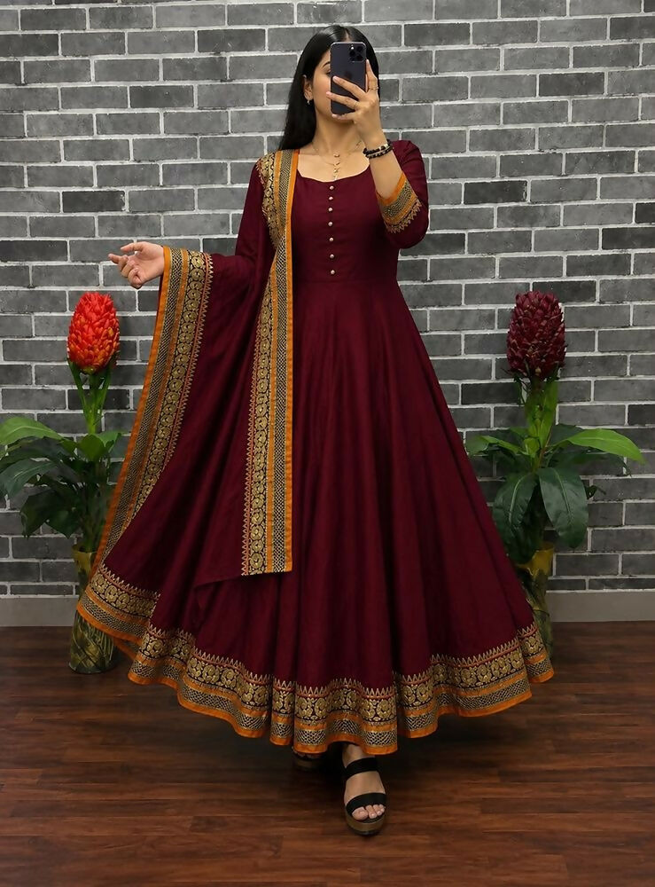 Teeya Creation New Trendy Stylish Maroon Solid Anarkali Kurta with Traditional Golden Border Dupatta Set - Dista