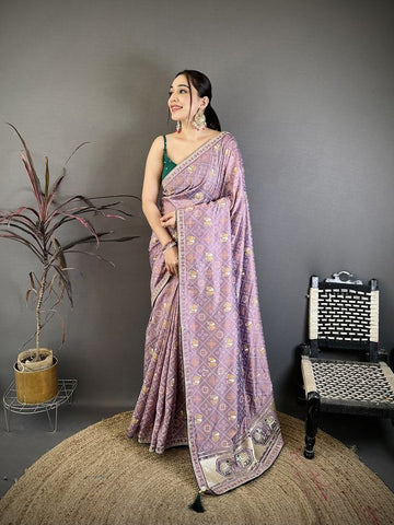 Elora Lavender Vichitra Silk Animal Motifs Foil Print Sequence Embroidery Work Bandhani Saree - Dista