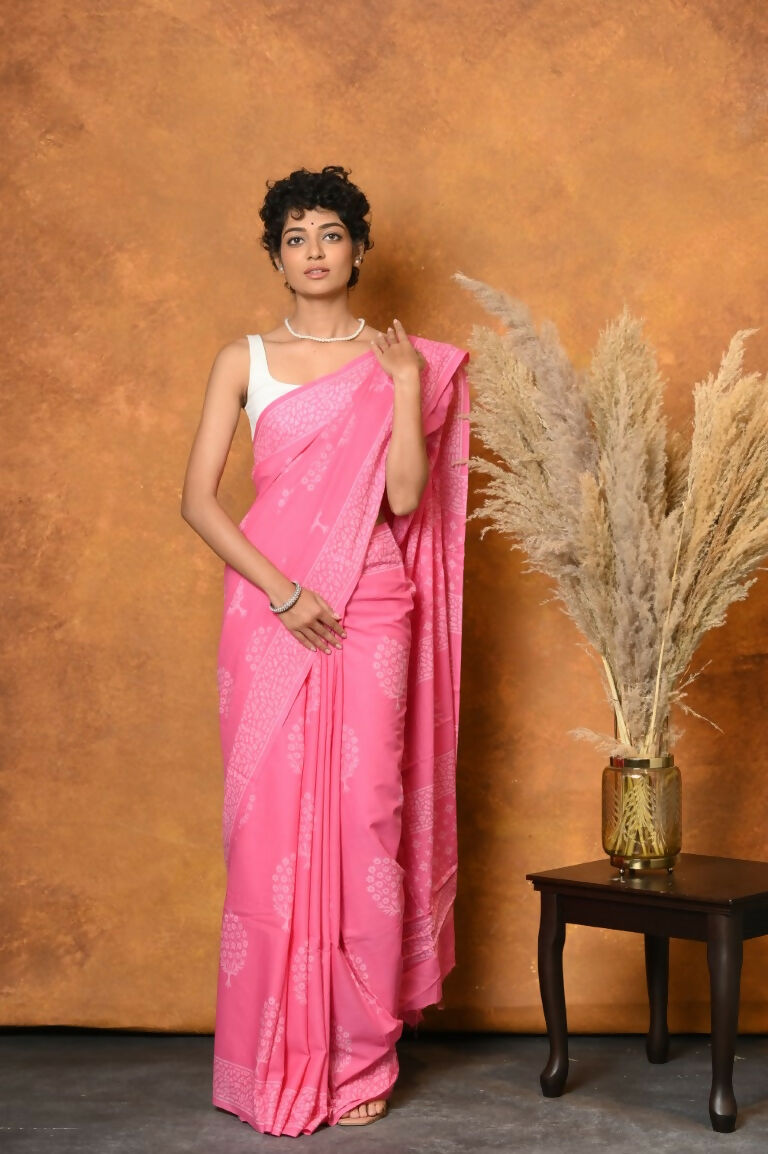 Very Much Indian Handblock Printed Cotton Saree With Natural Dyes - Pink - Distacart