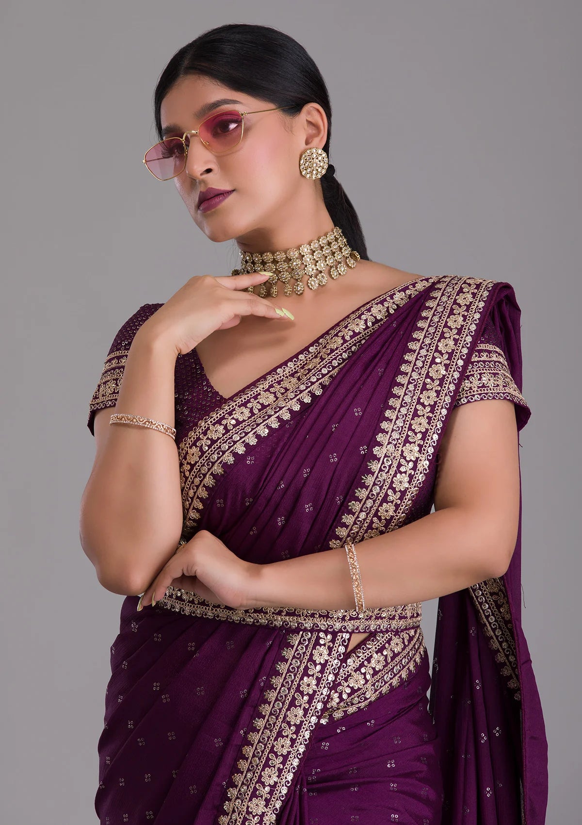 Teeya Creation Wine Color Chinon Silk Saree - Distacart
