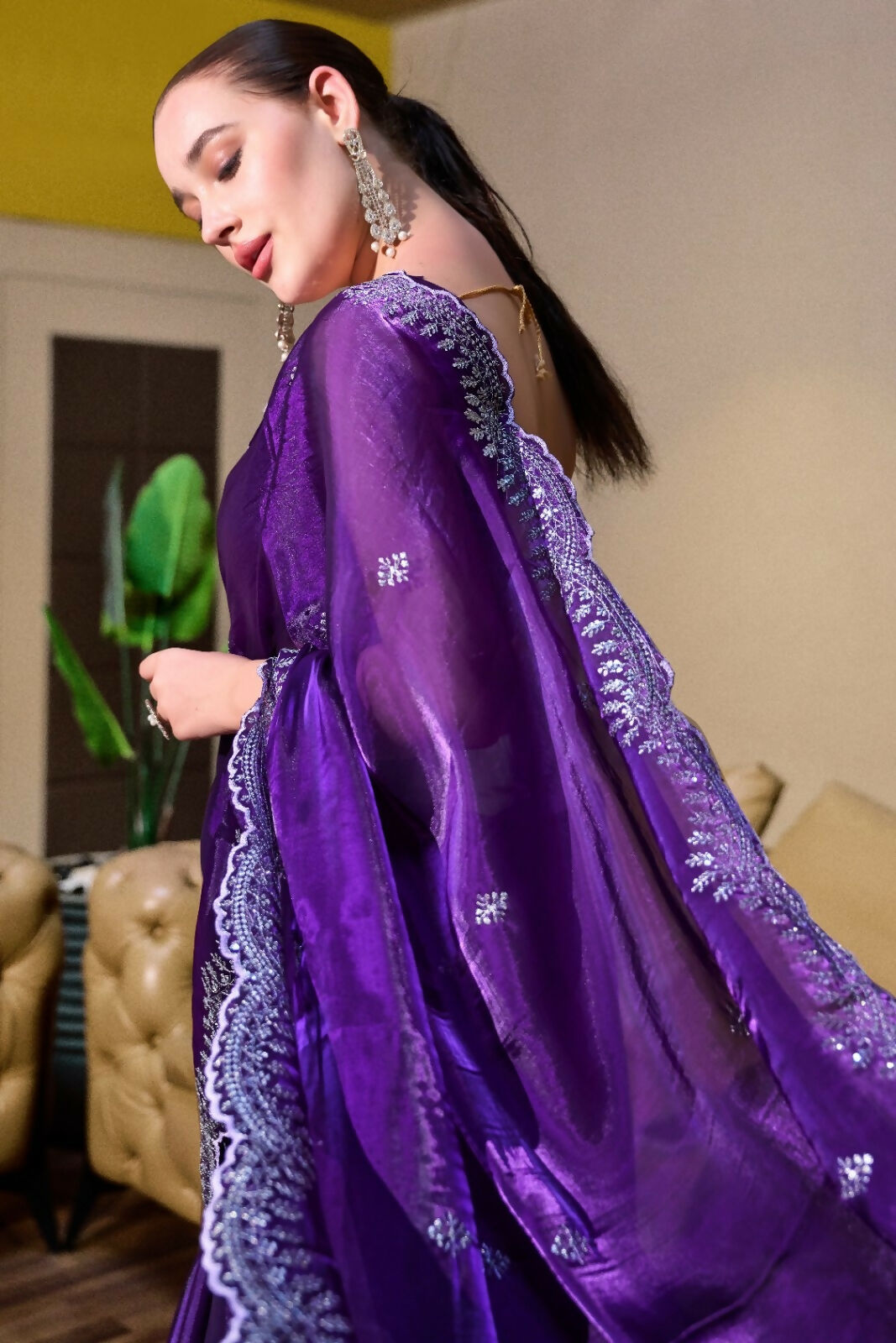 Vastranavya Purple-Blue Embroidery Work Shimmer Chiffon Saree with Unstitched Blouse