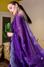 Thumbnail for Vastranavya Purple-Blue Embroidery Work Shimmer Chiffon Saree with Unstitched Blouse