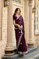 Thumbnail for Vastranavya Wine Embroidery Work Shimmer Chiffon Saree with Unstitched Blouse