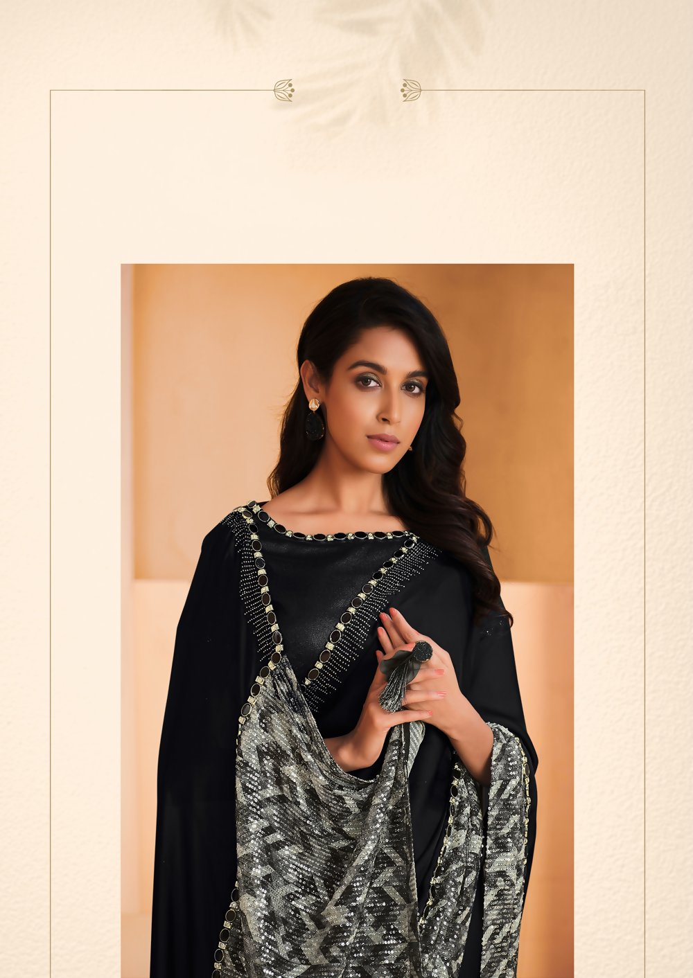 Black Satin Crepe Silk Embroidery with Digital Sequence Work Saree - Norita Helly - Distacart