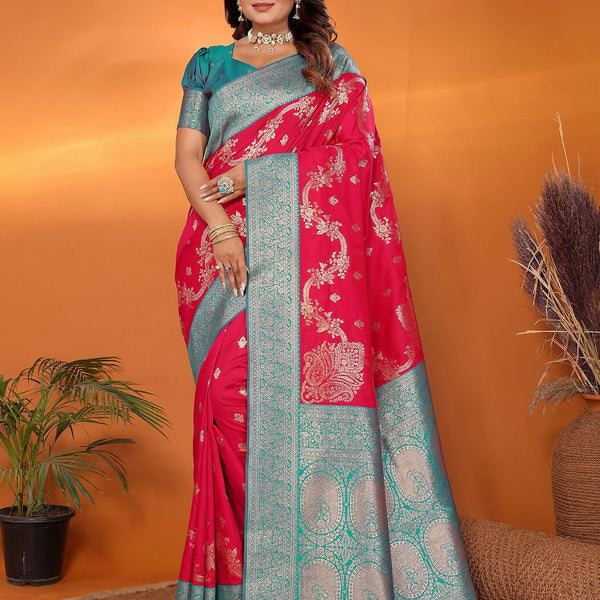 Joban Fashion Banarasi Red Woven Soft Silk Saree