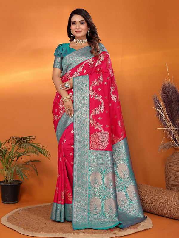 Joban Fashion Banarasi Red Woven Soft Silk Saree