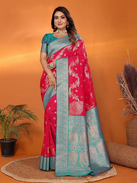 Joban Fashion Banarasi Red Woven Soft Silk Saree
