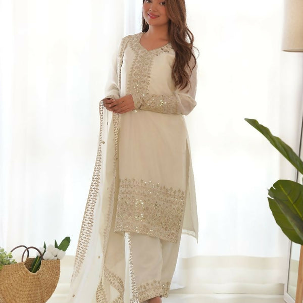 Joban Fashion White Kurta Set Silk Sequence Embroidery Work