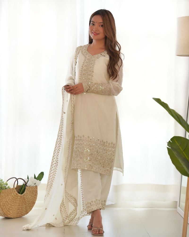 Joban Fashion White Kurta Set Silk Sequence Embroidery Work