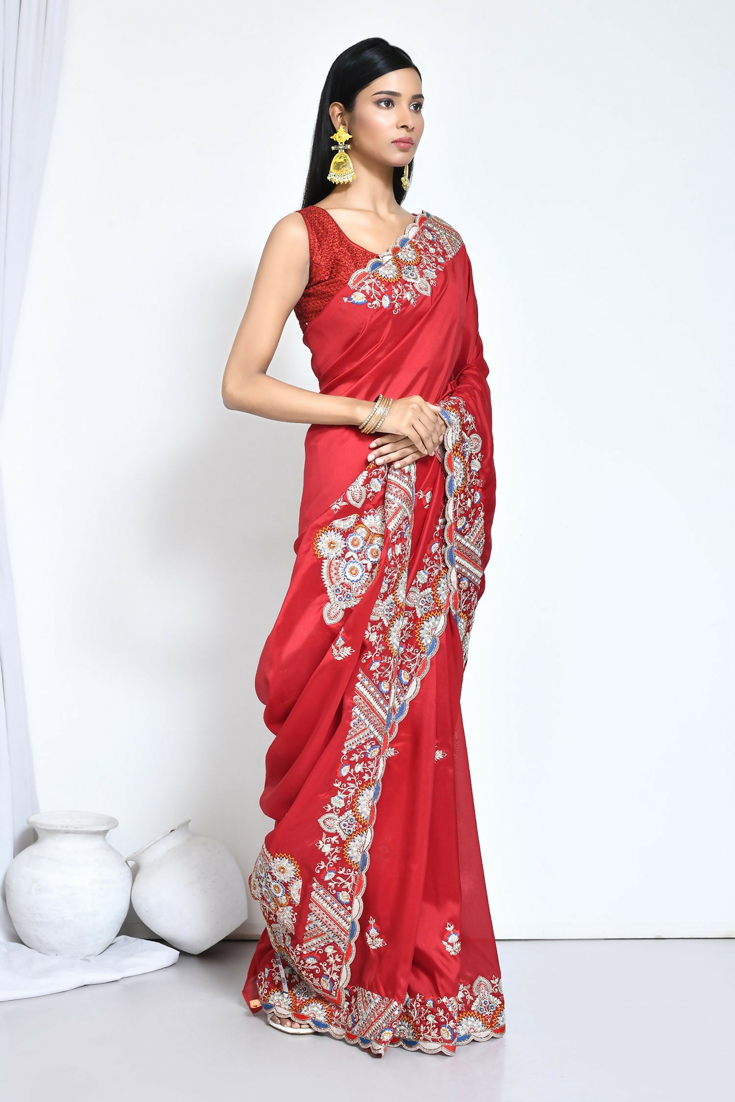 Red Crepe Silk Sequence Embroidered Saree - Nimaya Benzy - Distacart