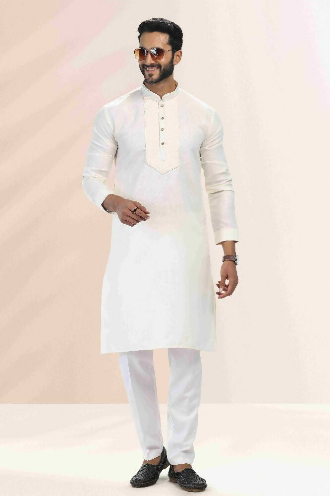 Raivat Ethnic Linen Cotton Pintux Work Kurta Pajama In Cream Colour - Dista