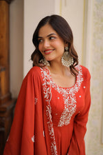 Thumbnail for Teeya Creation Womens New Fancy Mul Chanderi With Embroidered Work Gown Set - Dista