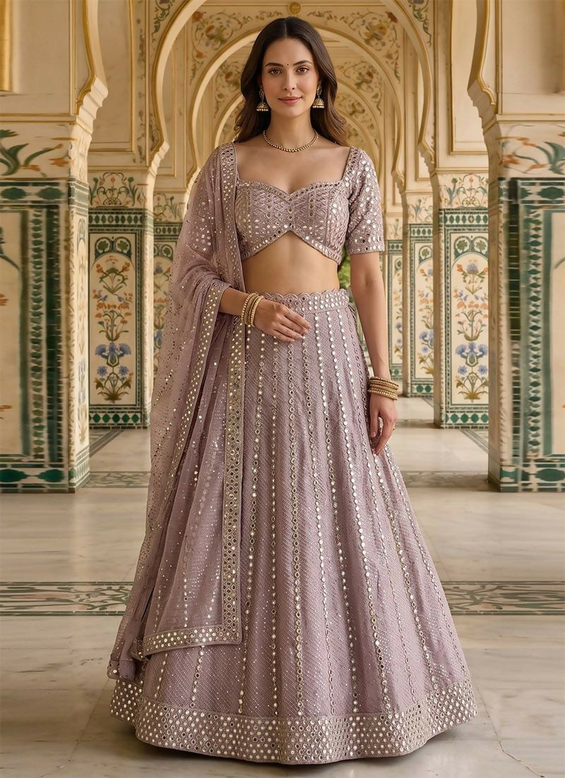 Lehenga Mart Ash Pink Semi Viscose Organza Designer Bollywood Style Wedding Wear Lehenga Choli - Dista