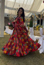 Thumbnail for Preksha Creation Women Red Fox Georgette With Digital Print With Embroidery Belt With Dori Gown Maxy - Red - Distacart