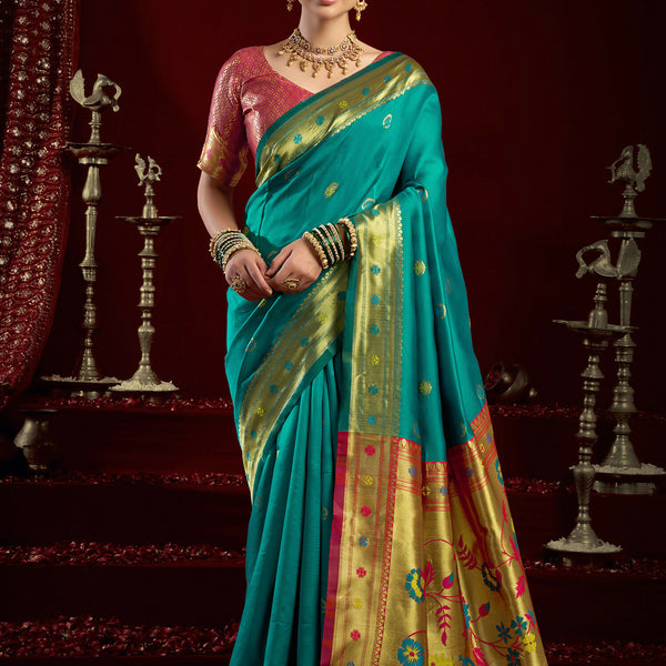 Joban Fashion Aqua Blue Paithani Silk Blend Butti Saree - Distacart