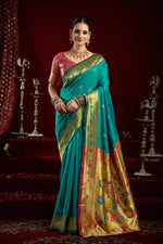 Thumbnail for Joban Fashion Aqua Blue Paithani Silk Blend Butti Saree - Distacart