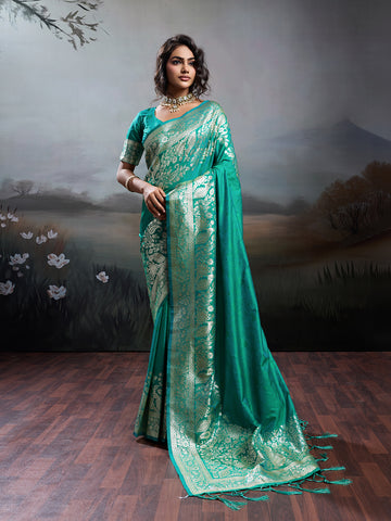 Anaita Turquoise Silk Blend Woven Saree With Blouse - Dista
