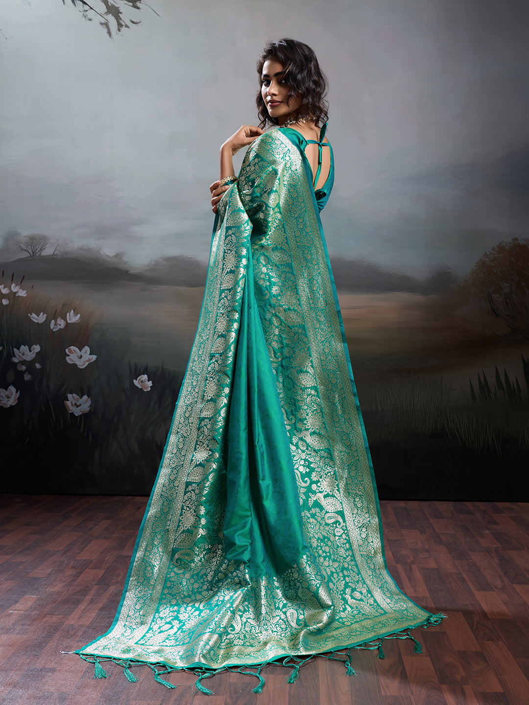 Anaita Turquoise Silk Blend Woven Saree With Blouse - Dista