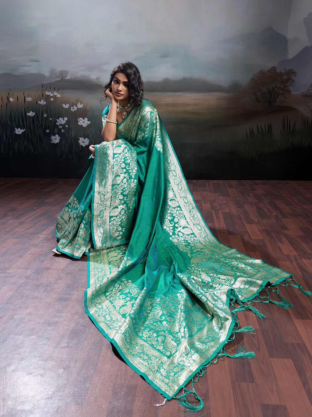 Anaita Turquoise Silk Blend Woven Saree With Blouse - Dista