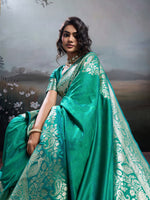 Thumbnail for Anaita Turquoise Silk Blend Woven Saree With Blouse - Dista