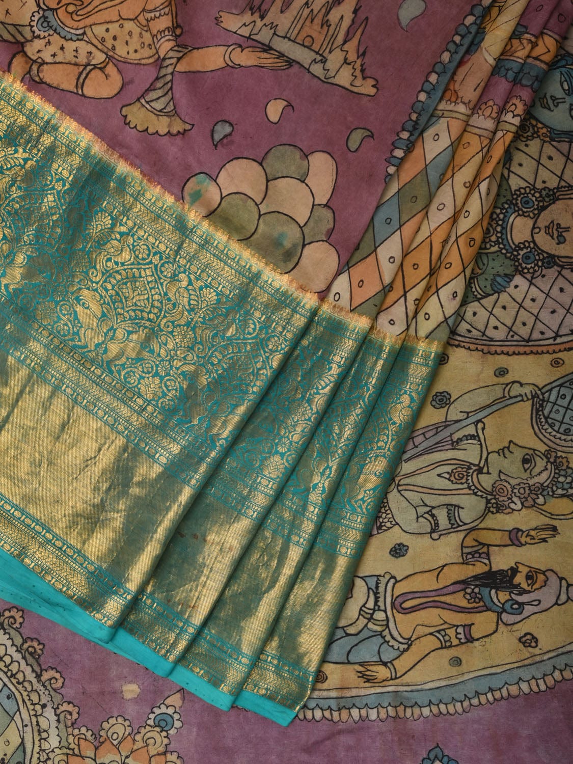 Turquoise and Burgundy Kalamkari Hand Painted Kanchipuram Silk Handloom Saree with Ramayan Theme Design - Global Threads - Distacart