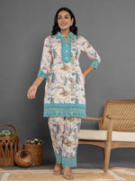 Thumbnail for Yufta Turquoise Blue Cotton Schiffli Co-Ord Set With Lace